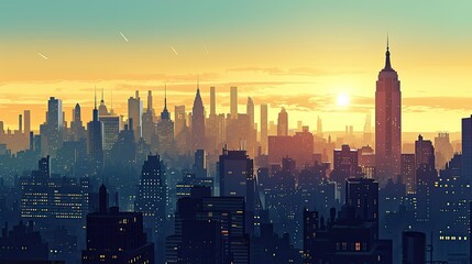 Comic book style depiction of a city in early morning light, urban awakening scene