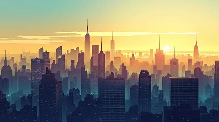 Fotobehang Comic book style depiction of a city in early morning light, urban awakening scene © Asayamrad