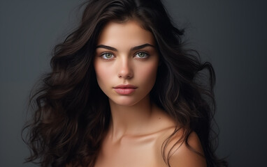 Naklejka premium Pretty girl with long black hair on black background. 