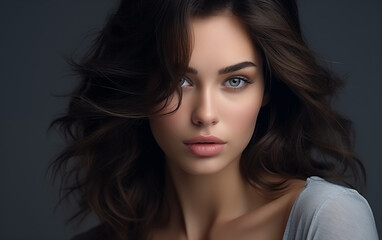 Naklejka premium Pretty girl with long black hair on black background. 