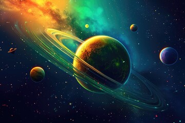 Fantasy Cosmos with Colorful Planets in Vibrant Galactic Space