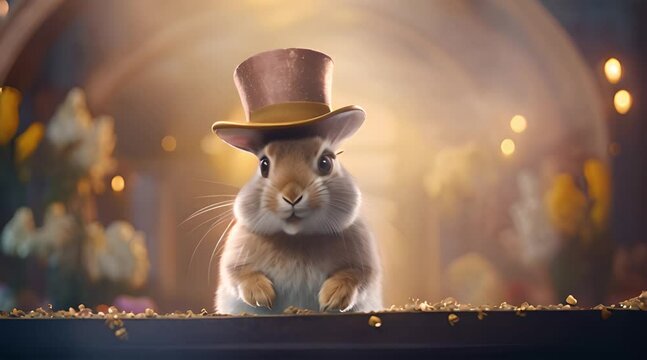 3d animation of a rabbit wearing a magic hat