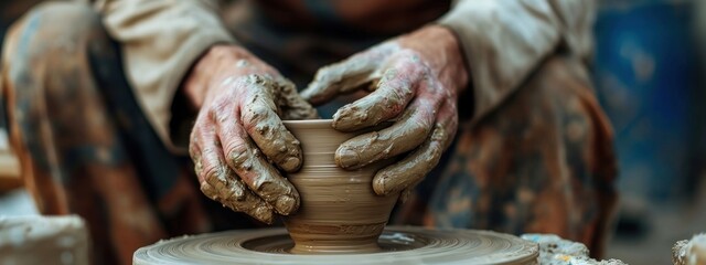 Dirty male hands sculpt mug with ceramic clay on potter's wheel
