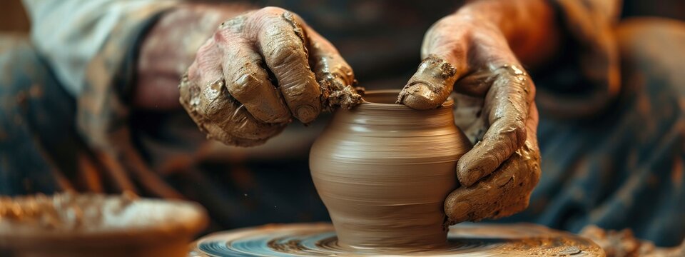 Pottery wheel. Pottery workshop. A potter sculpts a clay pot on a potter's  wheel. Vector illustration. Stock Vector