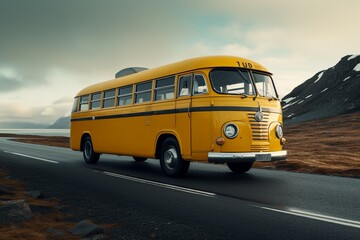 Yellow school bus on the road in Iceland. 3D Rendering