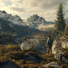 Time travel, the traveler, an ancient pocket watch, vast natural landscapes, humanity amidst the grandeur of nature