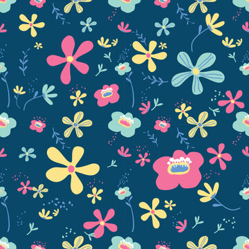 Childish pattern with floral, baby shower, floral seamless background, cute vector texture for kids, fabric, wallpaper, t-shirt print