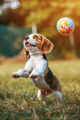 joyful beagle puppy is having fun playing with a ball in the meadow