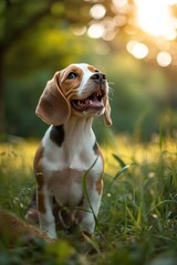 joyful beagle puppy is having fun playing with a ball in the meadow
