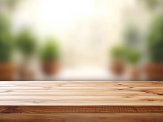 empty wooden table display over blurred abstract green background of garden, product display