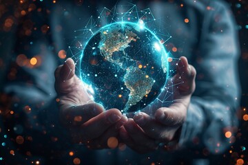 Businessman holding a global network in his hand, Business concept