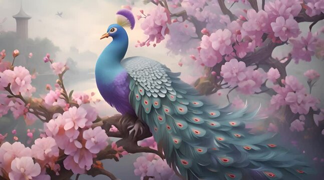 Stylish animation of beautiful peacocks in cherry blossom garden