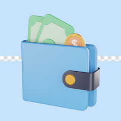 Realistic 3d icon of wallet with money banknotes and golden coins