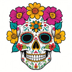 Sugar skull with flower perfect for t shirt design or clothing/apparel branding, tattoo, poster. Graphic design ready to print.
