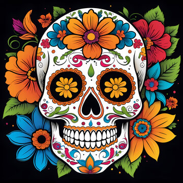 Sugar skull with flower perfect for t shirt design or clothing/apparel branding, tattoo, poster. Graphic design ready to print.