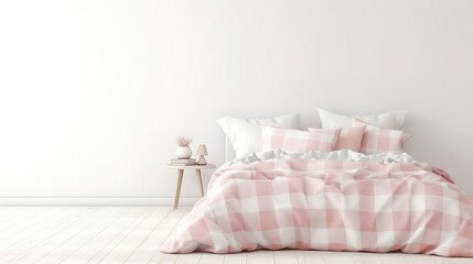Fototapeta na wymiar Light, cute and cozy home bedroom interior with unmade bed, pink plaid and cushions on empty white wall background. 3D rendering