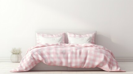 Light, cute and cozy home bedroom interior with unmade bed, pink plaid and cushions on empty white wall background. 3D rendering