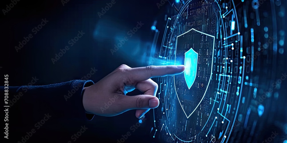 Poster digital security network. abstract concept illustration featuring businessman guarding data with shi