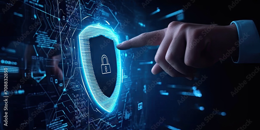 Poster digital security network. abstract concept illustration featuring businessman guarding data with shi