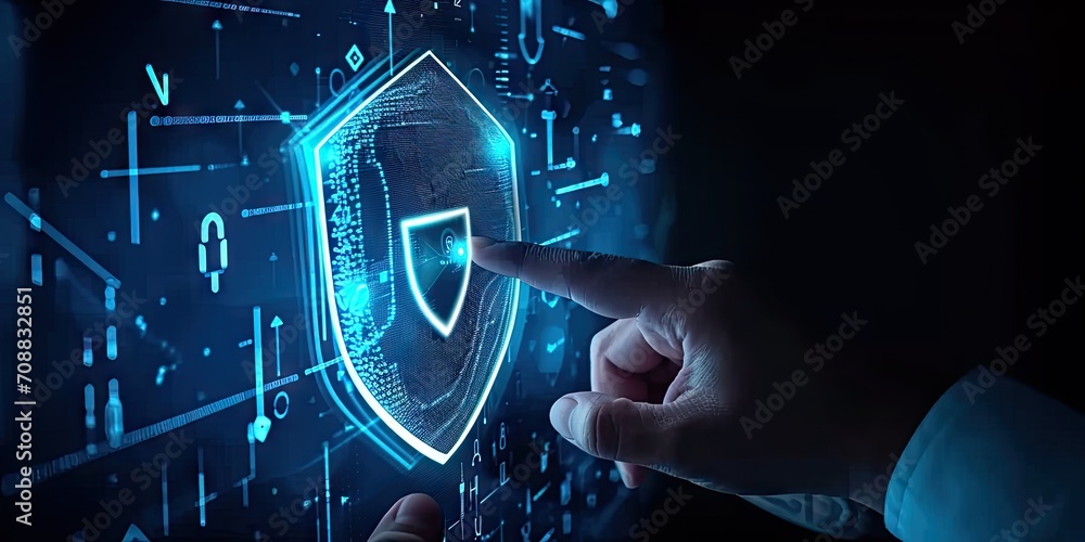 Poster digital security network. abstract concept illustration featuring businessman guarding data with shi