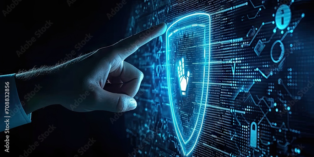 Poster digital security network. abstract concept illustration featuring businessman guarding data with shi