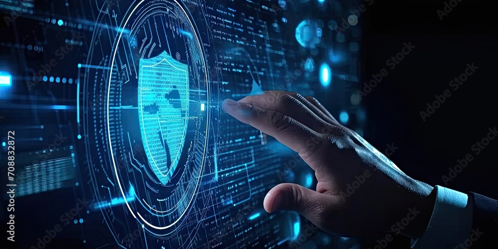 Poster digital security network. abstract concept illustration featuring businessman guarding data with shi