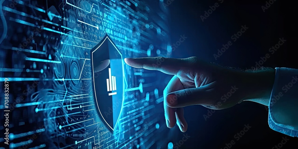 Poster digital security network. abstract concept illustration featuring businessman guarding data with shi