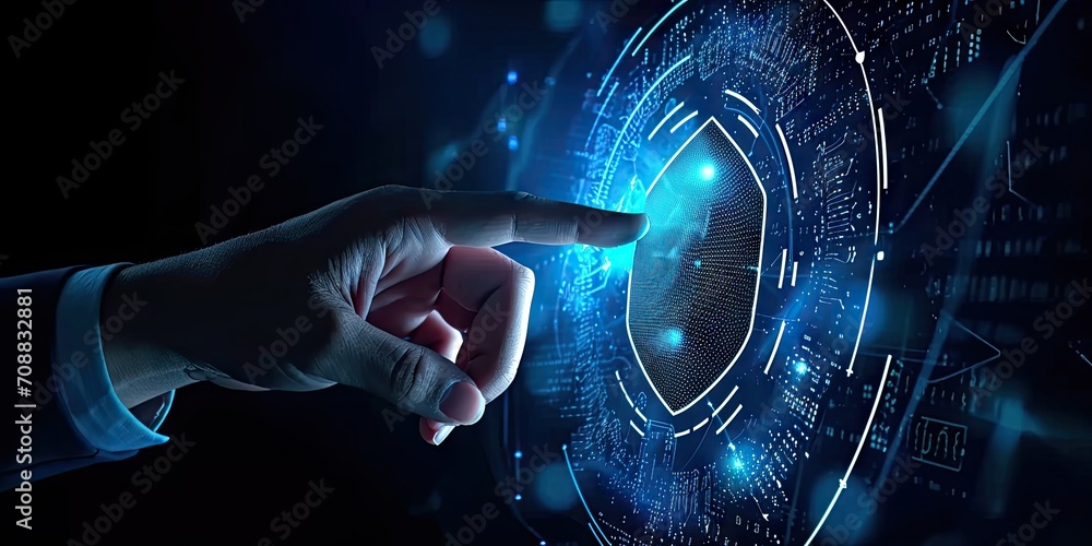 Poster digital security network. abstract concept illustration featuring businessman guarding data with shi