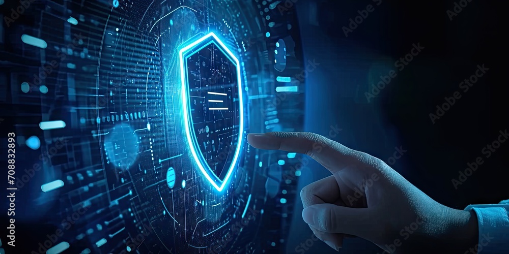 Poster digital security network. abstract concept illustration featuring businessman guarding data with shi