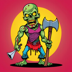 Zombie character holding an axe illustration for mascot logo, t shirt design and apparel, template, or stickers. Horror graphic design ready to print.