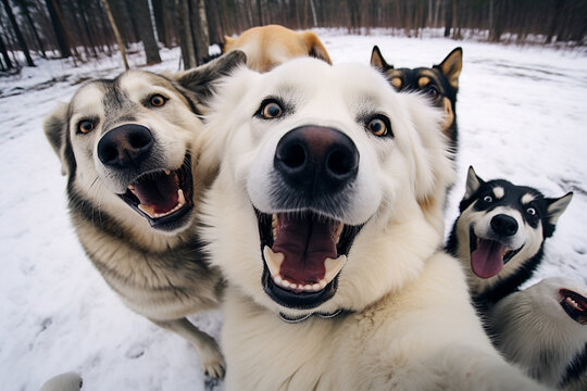 a group of cute dogs taking selfies