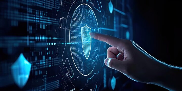 Digital security network. Abstract concept illustration featuring businessman guarding data with shield key and padlock symbolizing online privacy and cyber protection