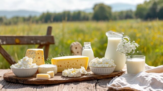 Milk and several types of cheese and cottage cheese on a wooden table on a farm against a field, dairy farm products