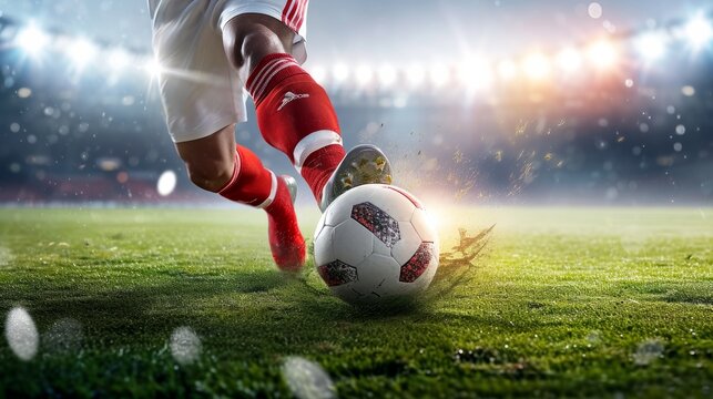 Fototapeta Soccer Player Dribbling Ball at Night. A soccer player's feet dribbling a soccer ball at night in a stadium setting.