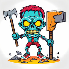 Zombie character holding a hammer illustration for mascot logo, t shirt design and apparel, template, or stickers. Horror graphic design ready to print.
