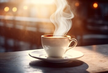 Cup of steaming coffee on a table in the sun