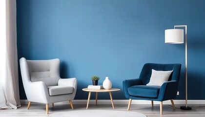 Modern Living Room Interior With Beige Sofa and Blue Walls