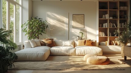 Fototapeta na wymiar Captivating modern living room bathed in dawn's morning light through a stylish window