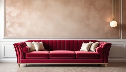 Elegant Red Sofa Centered in a Classic Living Room With Decorative Molding