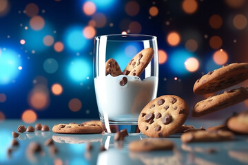 Cookies dunked dramatically fresh milk - obrazy, fototapety, plakaty