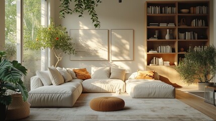 Captivating modern living room bathed in dawn's morning light through a stylish window