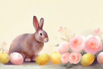 Naklejka na ściany i meble Easter bunny with egg and flowers