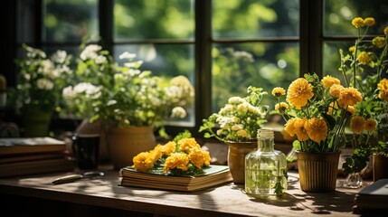 Still life with yellow flowers by the window - obrazy, fototapety, plakaty