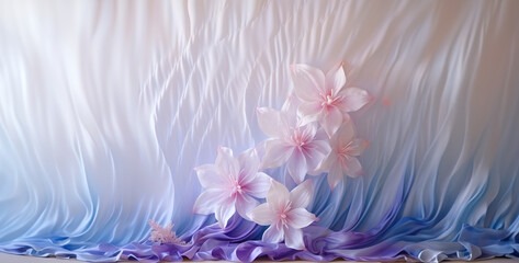 background with flowers, pink and white flower, a very beautiful abstract image there is a gradient tuberose and violet flower, the background a white embroidered curtain