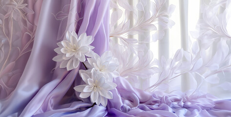 pink and white flower, a very beautiful abstract image there is a gradient tuberose and violet flower, the background a white embroidered curtain