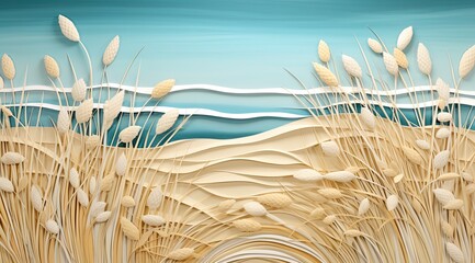 Illustration of papercut waves, sand and wild grasses at the shore on a beautiful day - obrazy, fototapety, plakaty