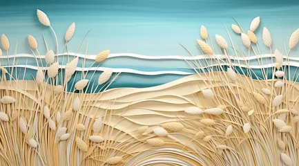 Fotobehang Illustration of papercut waves, sand and wild grasses at the shore on a beautiful day © EAStevens