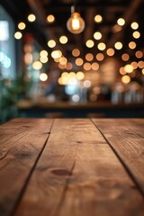 Wooden table blurred background of restaurant of cafe with bokeh