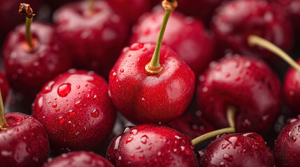Fresh red cherries with water droplets.