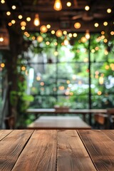 Wooden table blurred background of restaurant of cafe with bokeh